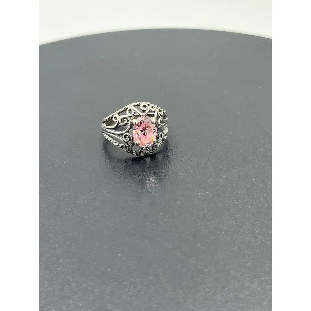 Sterling Silver Vintage Filigree Simulated Pink Sapphire‎ Solitaire Ring 5.25